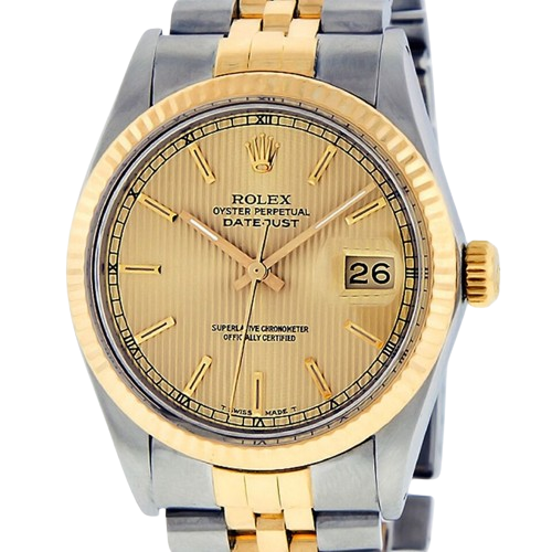 Rolex Mens 36MM Quickset 2Tone Champagne Tapestry Dial Fluted Bezel Datejust