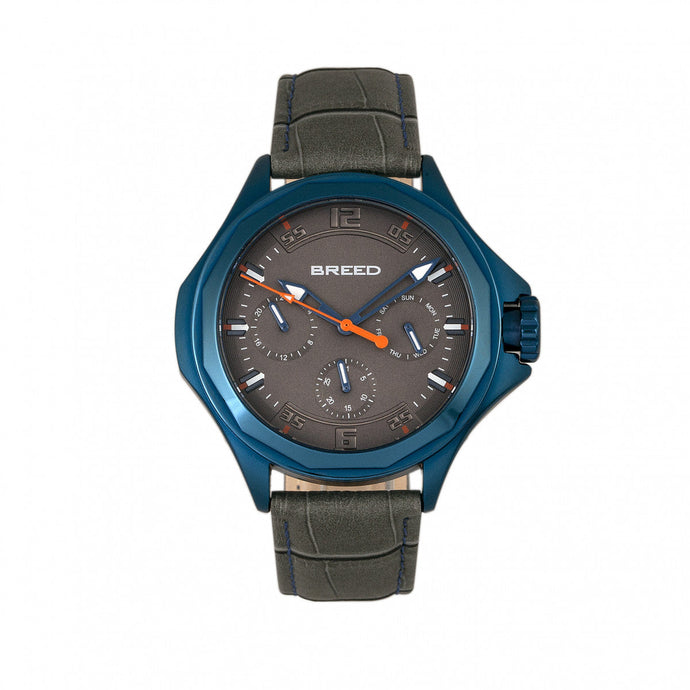 Breed Tempe Leather-Band Watch w/Day/Date - Gray/Blue