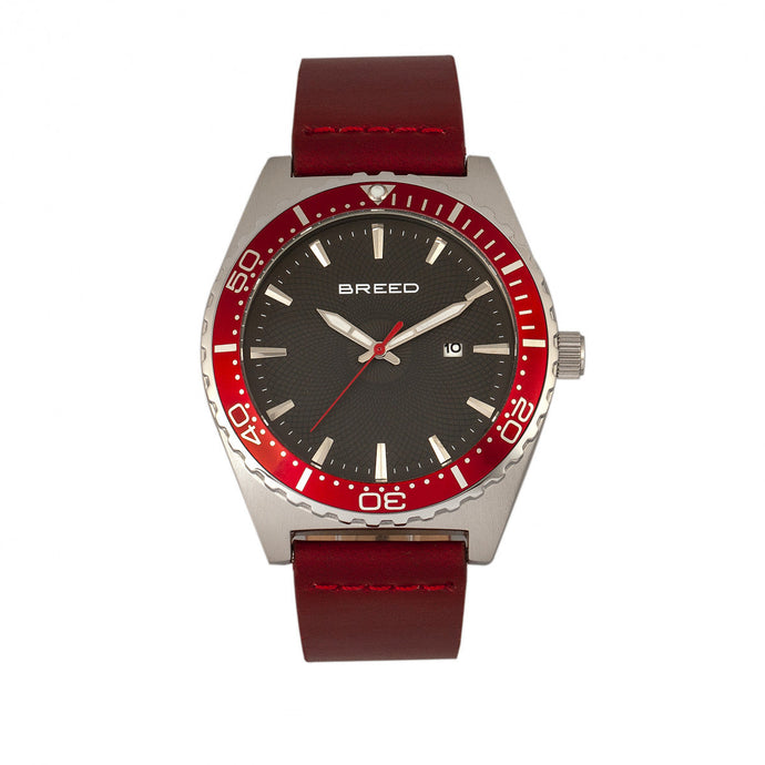 Breed Ranger Leather-Band Watch w/Date - Silver/Red