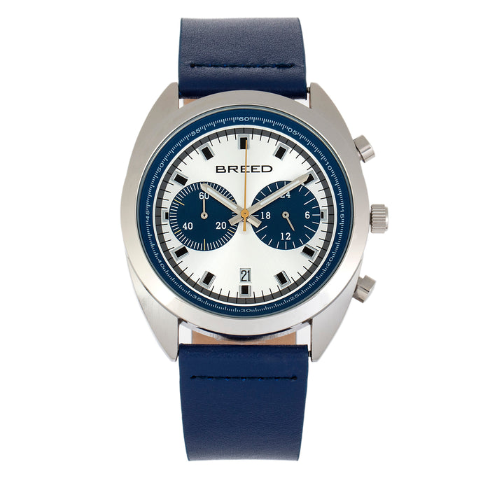 Breed Racer Chronograph Leather-Band Watch w/Date - Silver/Blue