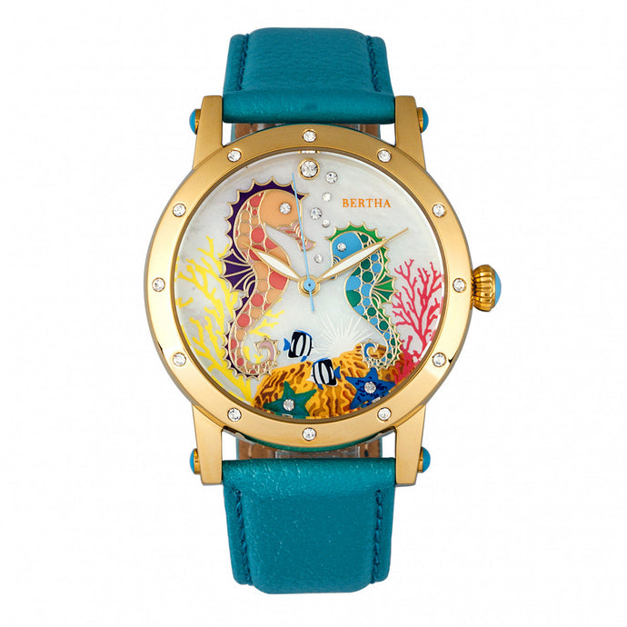 Bertha Morgan MOP Leather-Band Ladies Watch - Gold/Turquoise