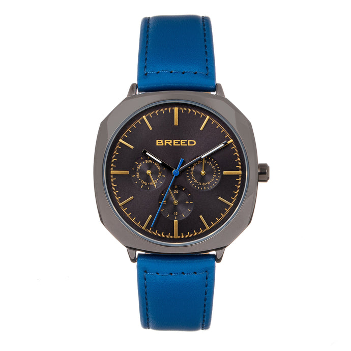 Breed Revolver Leather-Band Watch w/Day/Date - Blue/Black