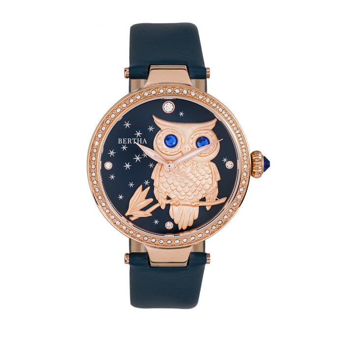Bertha Rosie Leather-Band Watch - Rose Gold/Navy