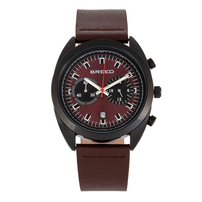Breed Racer Chronograph Leather-Band Watch w/Date - Black/Maroon