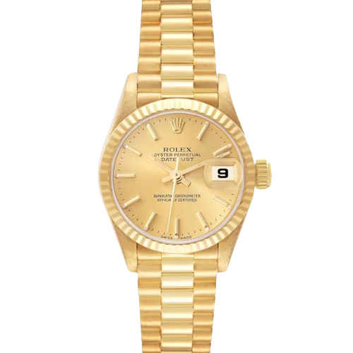 Ladies Rolex 26mm Presidential Solid 18K Gold Watch W/Gold Dial & Fluted Bezel.
