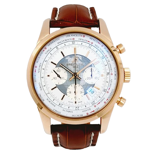 Men's Breitling 46mm Transocean Watch in 18K Rose Gold with Brown Leather Band.