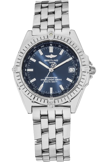 Men's Breitling A10350 Wings 38mm Steel Watch with Blue Dial and Diamond Bezel.