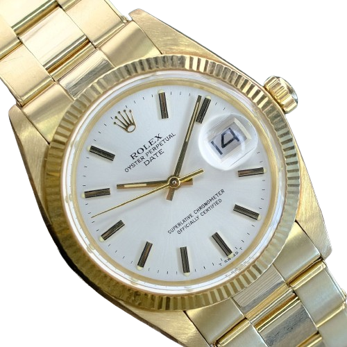 ROLEX OYSTER PERPETUAL 1503 14K YELLOW GOLD SILVER DIAL 34MM WATCH BOX & PAPERS