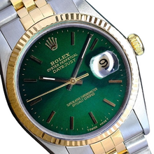 Load image into Gallery viewer, ROLEX MENS DATEJUST 16233 GOLD STEEL GREEN INDEX DIAL FLUTED BEZEL 36MM WATCH