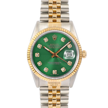 Load image into Gallery viewer, ROLEX MENS DATEJUST 16233 GOLD STEEL GREEN DIAMOND DIAL FLUTED MENS 36MM WATCH
