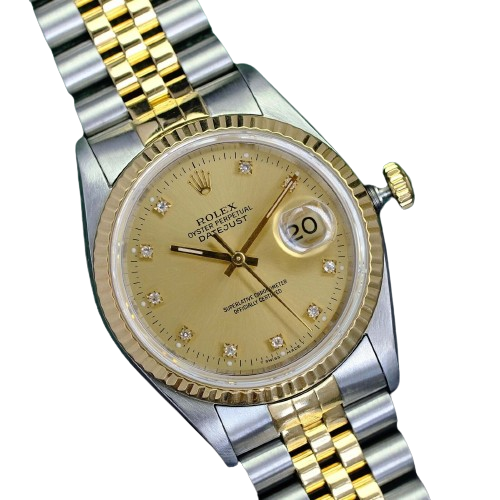 ROLEX MENS DATEJUST 16233 GOLD STEEL FACTORY CHAMPAGNE DIAMOND DIAL 36MM WATCH