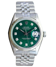 Load image into Gallery viewer, ROLEX MENS DATEJUST GOLD STEEL GREEN DIAMOND DIAL FLUTED BEZEL 36MM WATCH 16014