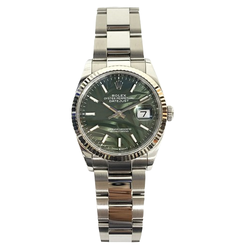 Rolex Datejust 36 Steel & White Gold 126234 Olive Green Palm Motif Index, Oys...