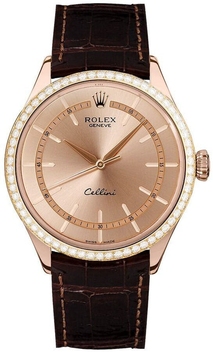 Rolex Cellini Time Everose Gold Case Diamond Bezel Mens Luxury Watch For Sale
